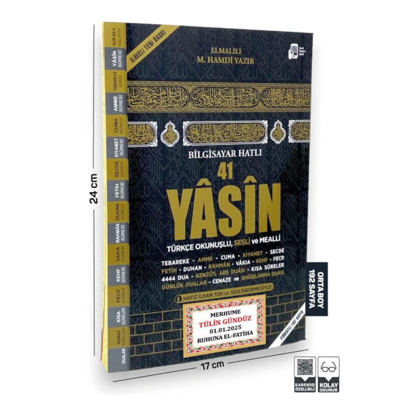 Kabe Model Yasini Şerif Türkçe Okunuşlu ve Mealli Orta Boy 192 Sayfa İsim Etiketli