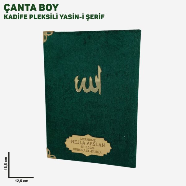 Kadife Kaplı Yasin Kitabı Yeşil Renk Pleksi isimli ve Allah Lafızlı 13