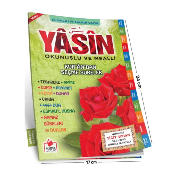 Yasini Şerif Açıklamali ve Mealli Orta Boy Yeşil Renk Güllü Yasin İsim Etiketli